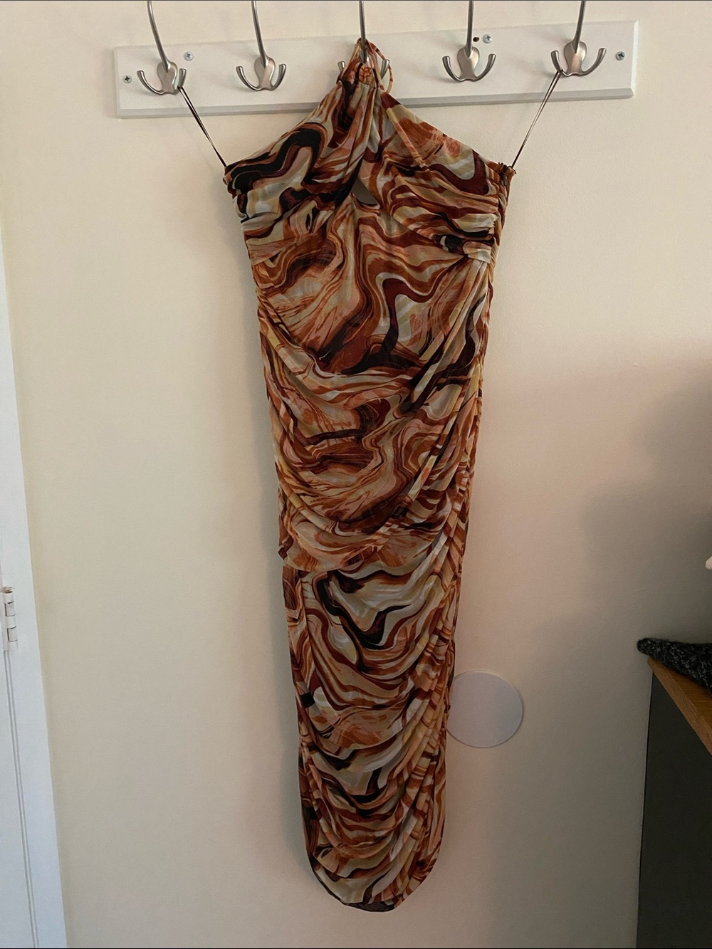 En Saison Ruched Halter Marble-Print Maxi Dress in Brown and Cream